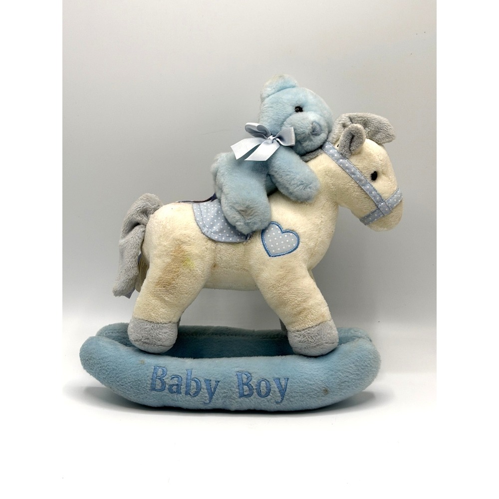 Aurora Baby Rocking Horse Plush Teddy Bear Rider Blue White Musical Wind Up Toy
